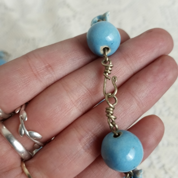 Vintage Glazed Ceramic Blue Bird Bead Handmade Dangle Earrings Choker Necklace - Picture 3 of 5